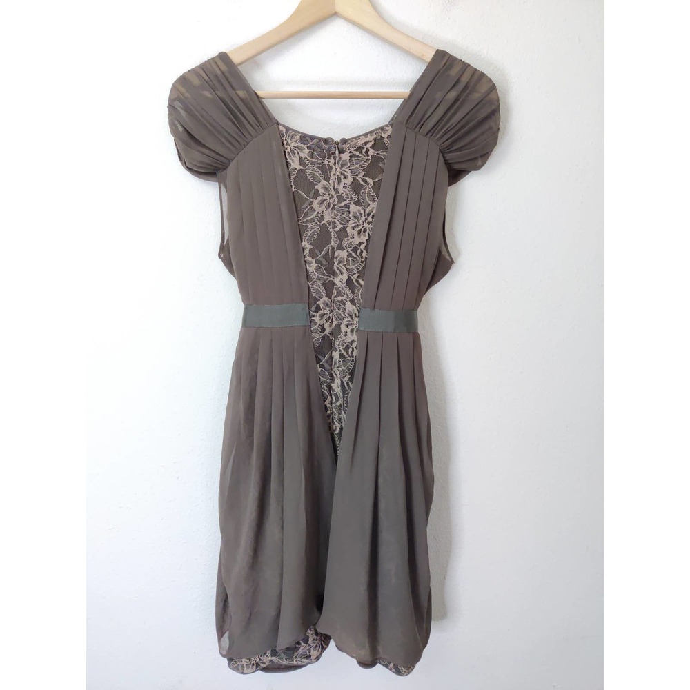 A'reve Tan Chiffon & Lace Puff Sleeve Pleated Fit and Flare Dress Size M